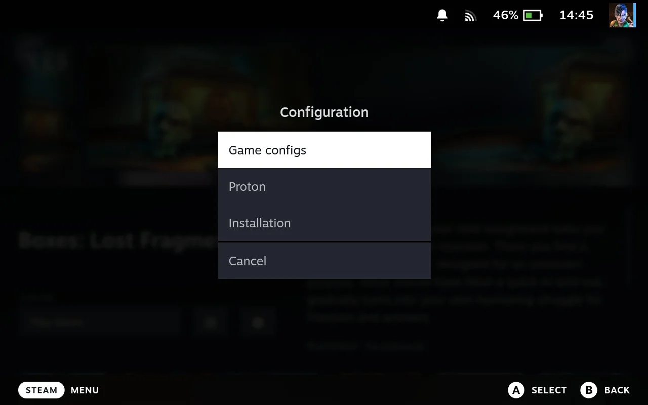 Game Configs menu