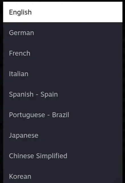 The store-wide language list, scrolled to show English, German, French, Italian, Spanish - Spain, Portuguese - Brazil, Japanese, Chinese Simplified and Korean, with more below